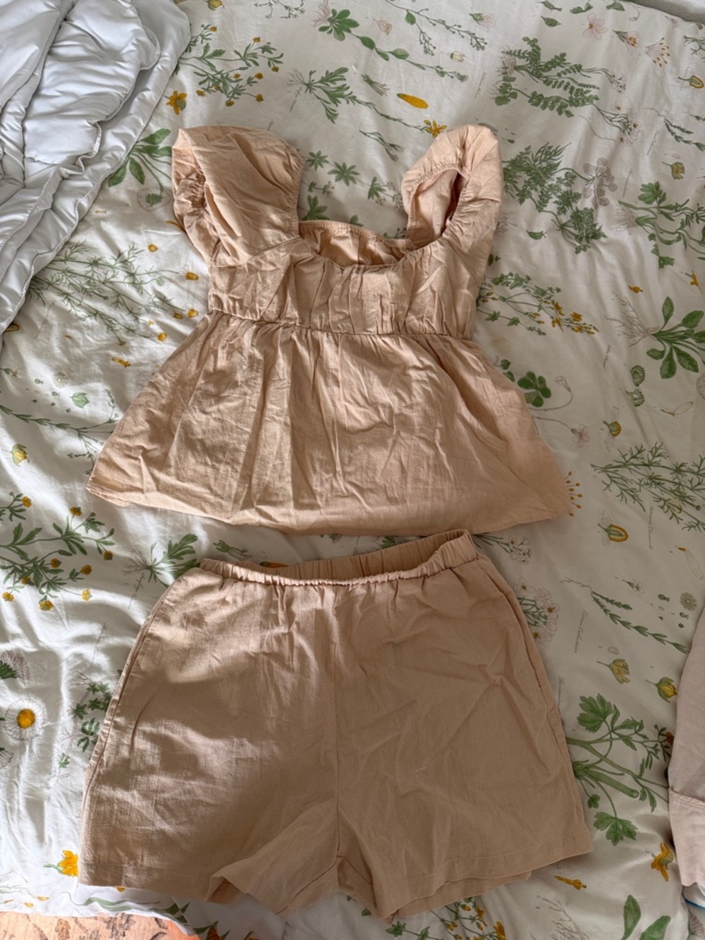 Amazon Peach Sleeve Ruffle Crop Top and Shorts Set